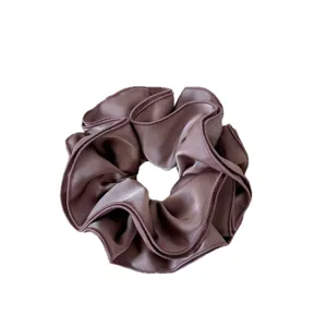 Satin hair scrunchie with multi-layer ruffles, elegant mauve hair tie for daily stylish wear.