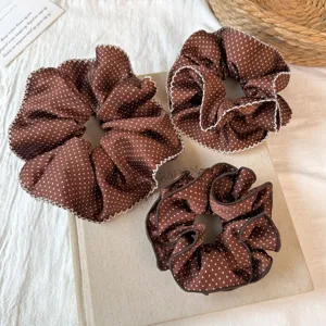 Brown polka dot hair scrunchies set, vintage ruffle elastic hair tie bands for women styling details.