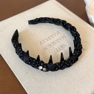 Diadema trenzada negra con pedrería perlas y dientes antideslizantes para mujer