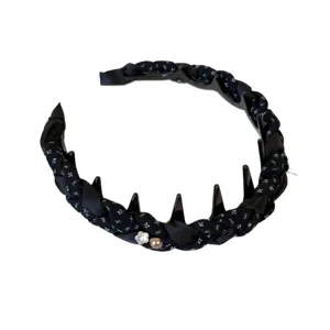 Diadema trenzada negra de pedrería y perlas con dientes, accesorio antideslizante.