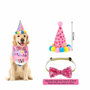 Pet birthday party hat and bow tie collar set, sequin cone hat with adjustable elastic band.