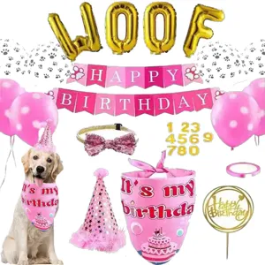 Pet Birthday Party Decoration Set For Dog And Cat Birthday Hat Triangle Scarf Banner Balloons Party Supplies