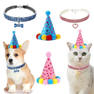 Pet Birthday Party Decoration Set Cute Star Cone Hat Rhinestone Elastic Collar With Bone Heart Pendant For Cats Dogs