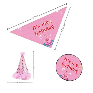 Detailed view of pink pet birthday set with bandana and party hat dimensions