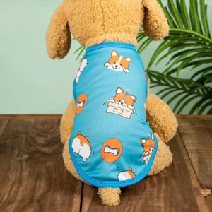 Summer pet dog vest blue mesh breathable cute corgi prints apparel for small dogs cats daily wear