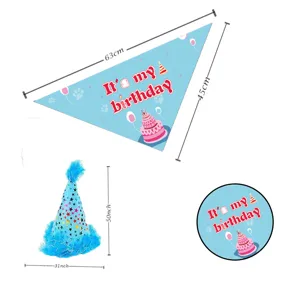 Blue birthday party set for cats and dogs including a sequin hat and bandana set