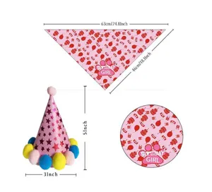 Detailed view showing the pink pet birthday bandana and cute conical hat with balloon patterns.
