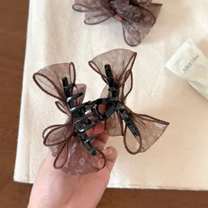 Brown mesh bow hair claw clip 7cm sweet floral half up hair shark clip for women elegant