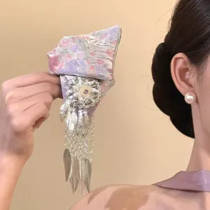 Neo-Chinese Style Ethnic Embroidery Hair Claw Clip With Long Tassel Leaf Pendant Rhinestone Flower Fabric Shark Clip For Women Jewelry