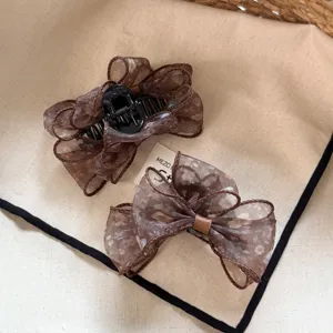 Brown floral organza bow hair claw clip, stylish maillard half-up shark clip for women.