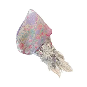 Chinese style hair claw clip ethnic embroidery vintage metal tassel hairpin for women
