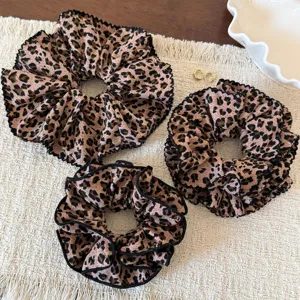 Coletero Grande de Tela Vintage con Estampado de Leopardo y Borde de Encaje Rizado Goma del Pelo Elástica Accesorios para el Cabello Mujer