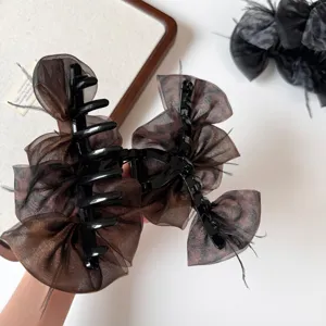 Korean style leopard mesh bow hair claw clip, elegant large shark clip for thick hair styling.