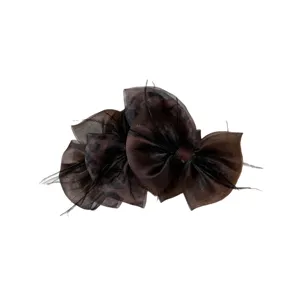 Korean style leopard print bow hair claw clip with black feathers, elegant hair accessory.