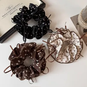 Vintage Floral Mesh Ribbon Scrunchie For Women Ruffle Bow Hair Tie Romantic Soft Hair Rope Daily Styling Accessory