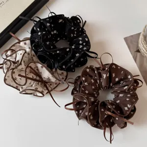 Retro Korean floral ribbon hair scrunchies with elegant ruffled edges, 3 chic colors.