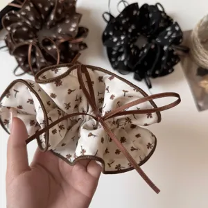 Retro Korean floral ribbon hair scrunchie, pleated ruffles elegant hair rope for women daily wear.
