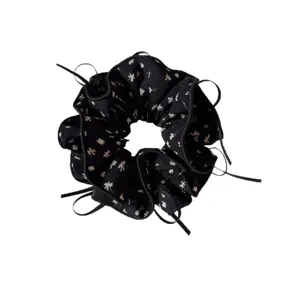 Vintage floral hair scrunchie with cute ribbons, black aesthetic ruffle hair tie for women.