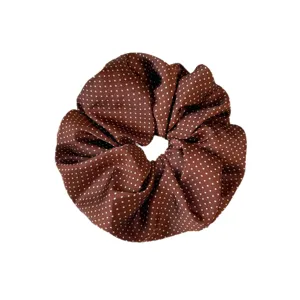 Brown polka dot hair scrunchie for women, elegant pleated elastic hair band accessory.