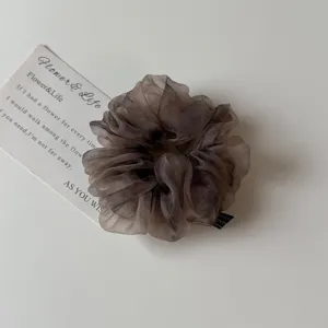 Vue détaillée de l'élastique à cheveux en organza dégradé, accessoire élégant pour coiffure.