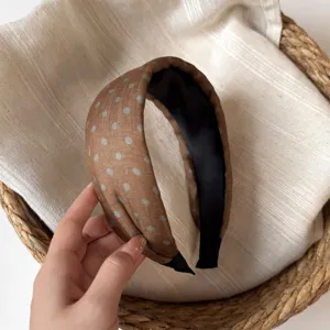 Brown polka dot wide headband for women, vintage cloth hair hoop, cute daily hair accessory.