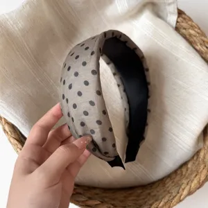 Korean style wide polka dot headband, chic taupe hair hoop with black inner lining everyday.