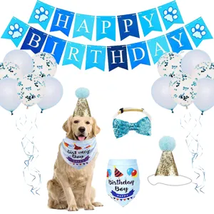 Complete blue pet birthday party decoration set with dog bandana, gold hat, and banner