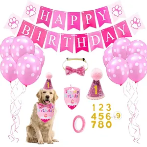 Pet Birthday Party Decoration Set Dog Triangle Bib Hat Bow Tie Letter Banner Balloons Puppy Celebration Supplies