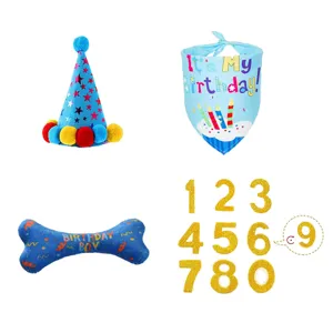 4-piece pet birthday set including blue hat, bandana, bone toy, and gold glitter numbers