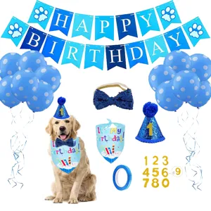 Complete blue dog birthday party decoration set including banner balloons hat bandana and bowtie