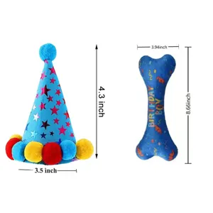 Blue star patterned pet birthday hat and plush bone toy set with size dimensions