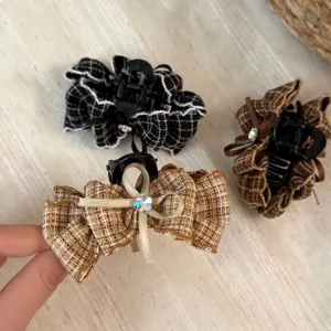 Pinza de pelo a cuadros con lazo estilo coreano, elegante horquilla de tweed para mujeres.