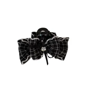 Pinza de pelo elegante con lazo de tweed en blanco y negro estilo coreano para mujeres