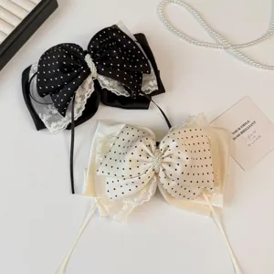 Franse Stijl Gaas Kant Strik Haarklem Zwart Wit Stippen Paardenstaartclip Grote Haarklem Kunstparel Haaraccessoires Voor Vrouwen