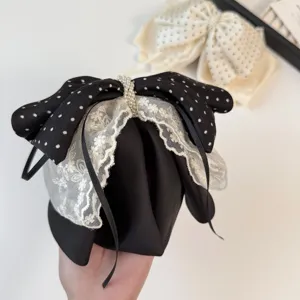 Chiffon kanten strik haarklem, zwart-witte stippen elegante haarspeld haaraccessoire voor dames.