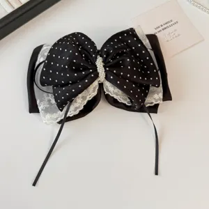 Franse chiffon kanten strik haarspeld, zwart-wit polkadot ontwerp, elegante haarklem.