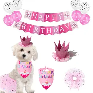 Vue détaillée de la parure d'anniversaire rose pour chien avec couronne et bandana