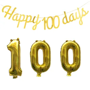 Golden Happy 100 Days banner and number foil balloons for baby's party decoration