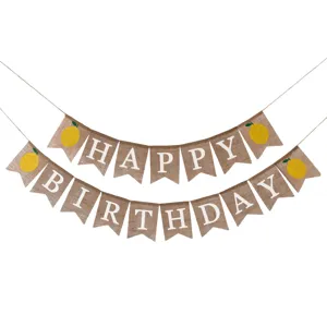 Striscione Happy Birthday in tela di iuta con limoni gialli per decorazioni di feste estive