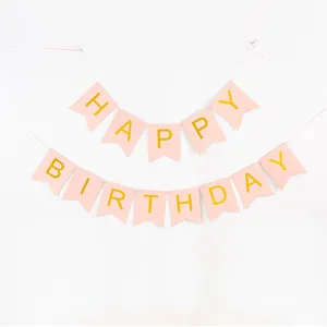 Pink fishtail banner with gold bronzing Happy Birthday letters for party decor