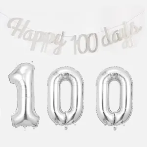 Silver Happy 100 Days party banner and number foil balloons for baby celebration