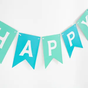 Detailed view of teal and mint green HAPPY birthday banner for party decoration