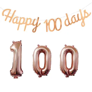 Rose gold Happy 100 days banner and matching numeric aluminum foil balloons party set