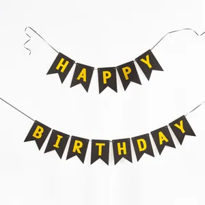 Black and gold Happy Birthday bunting banner for party decoration and celebration