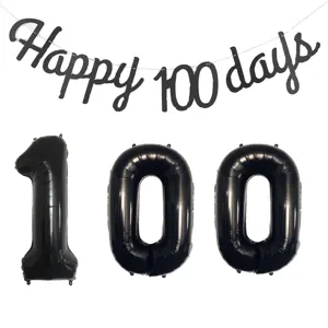 Black 'Happy 100 days' banner with '100' number foil balloons for baby party decor