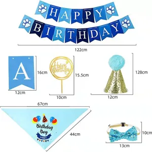 Tableau des dimensions du kit d'anniversaire bleu pour animal avec bannière et bandana