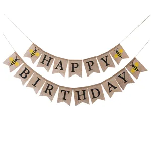 Rustic Burlap Happy Birthday Banner Swallowtail Bunting Garland With Animal And Plant Print Party Hanging Decoration