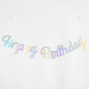 Iridescent holographic Happy Birthday cursive letter banner for party decoration