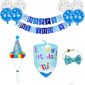 Ensemble de fête d'anniversaire bleu pour animaux avec bannière bandana chapeau nœud