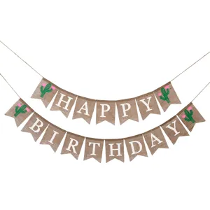 Striscione rustico Buon Compleanno in iuta con graziosi motivi a cactus per feste